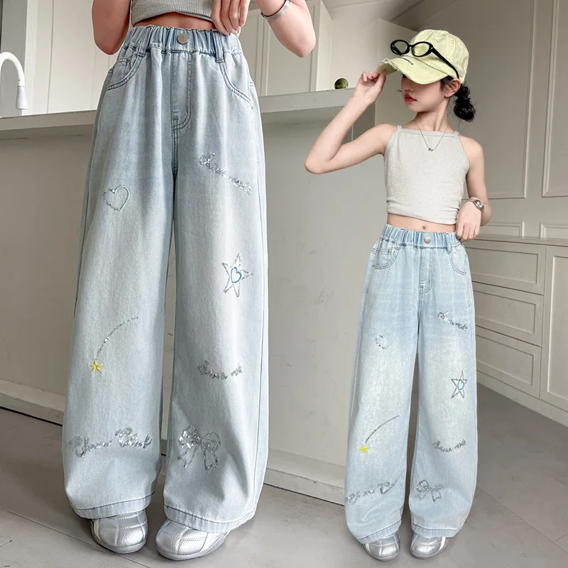 

New Stylish Kids Relaxed Fit Star Print Jeans with Drawings for Teens Girl Casual Sequins Denim Pants Children's Summer Trousers