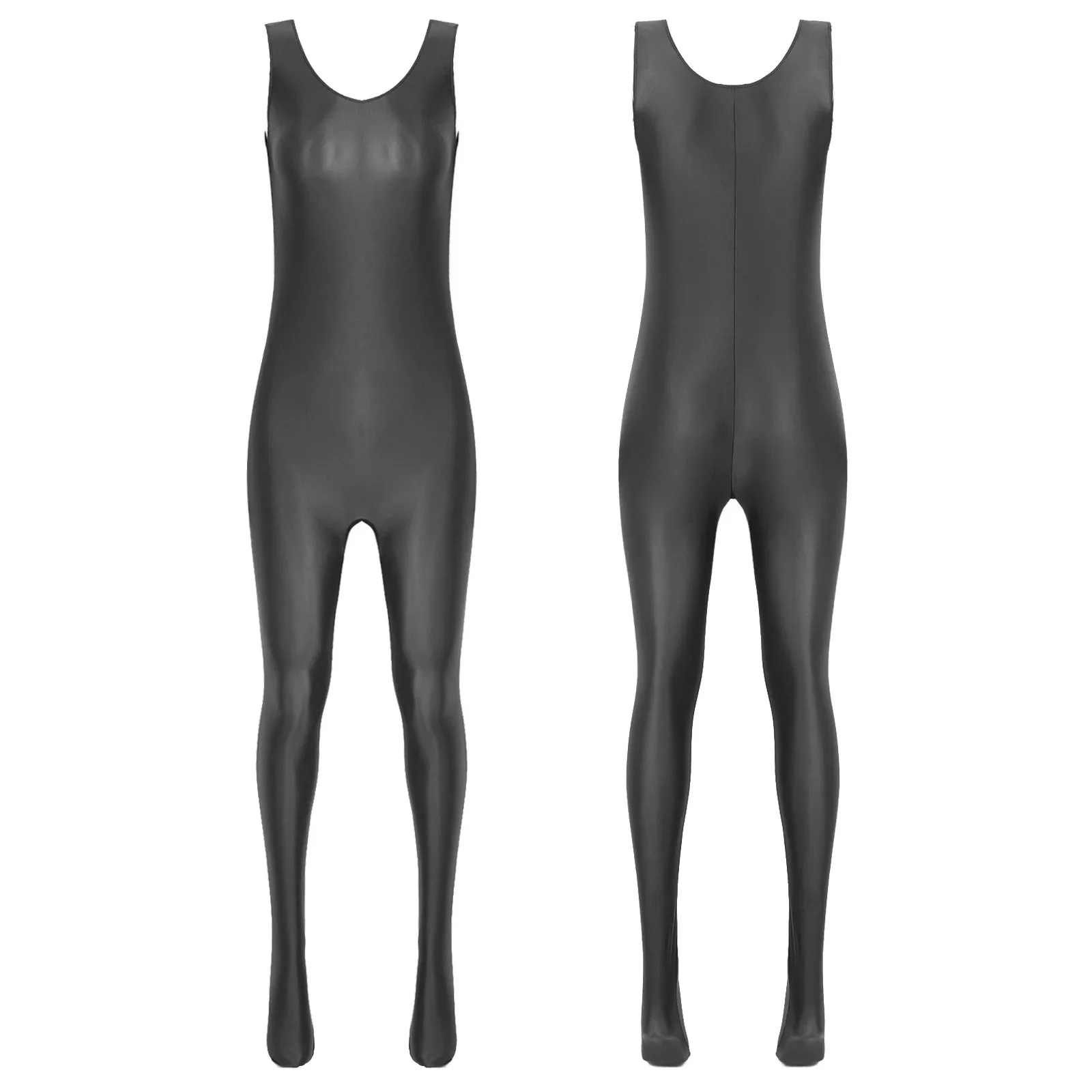 Women's Glossy Long Sleeve Jumpsuit Bodystocking Smooth Bodycon Romper for Gym Yoga Fitness Nightwear Full Bodycon Outfit