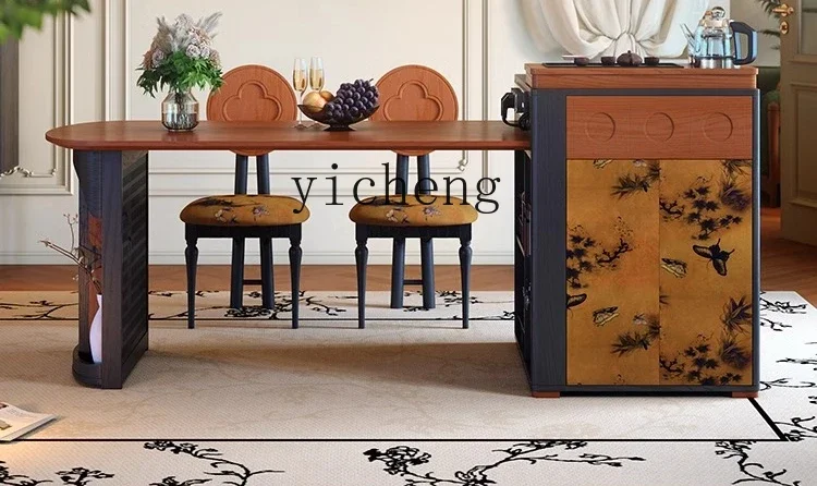 

V8 retro island dining table integrated household multi-functional retractable medium-ancient solid wood dining table
