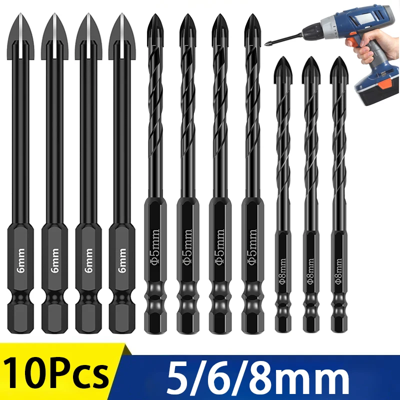 

10 шт. 5/6/8 мм набор крестообразных шестигранных сверл из карбида вольфрама, плитка, керамический стеклянный кирпич, универсальный сверлильный инструмент, открывалка для отверстий в стене