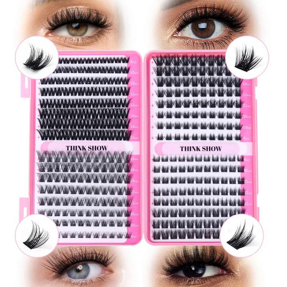Thinkshow lash clusters kit gato cílios 640 pçs com lash bond & selo cluster extensões de cílios clusters kit diy em casa
