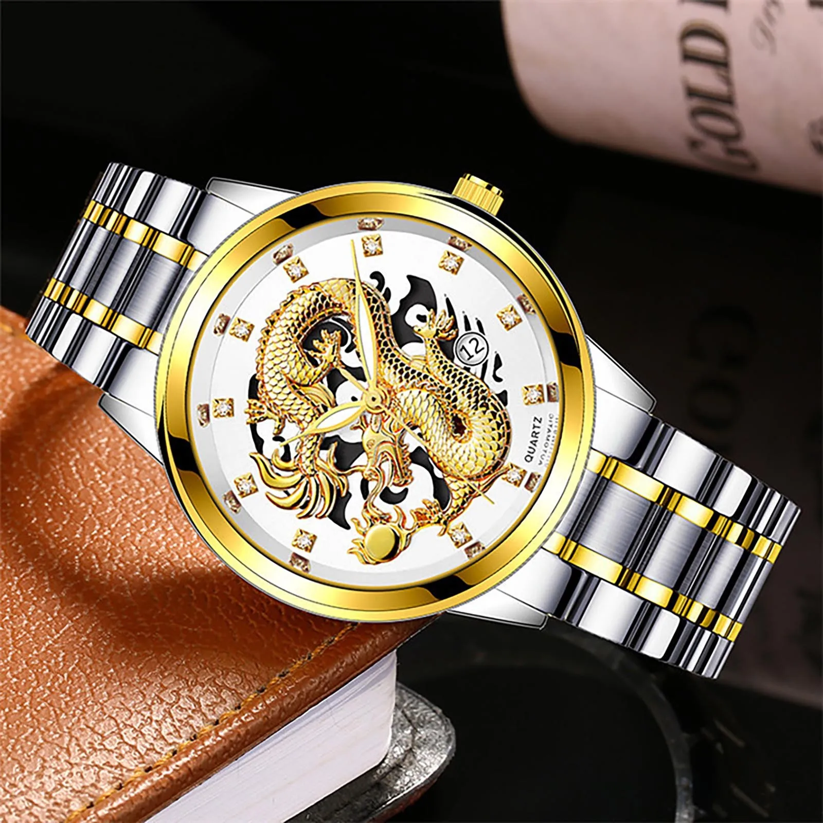 2023 New Gold Watch Men Embossed Dragon Luxury Golden Stainless Steel Waterproof Luminous Business Wristwatch Relogio Masculino