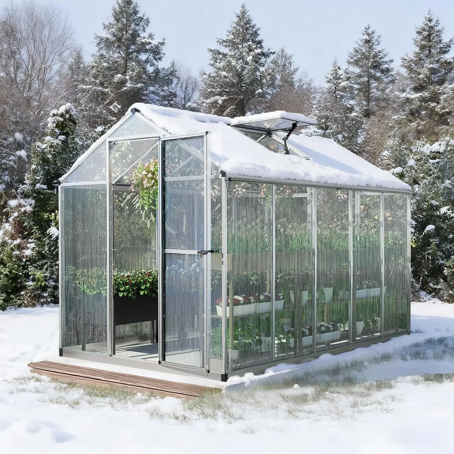 6 x 10 Ft Walk-in Greenhouse with Gutter, Polycarbonate and Heavy-Duty Aluminum Frame, Adjustment Skylight and, Customized