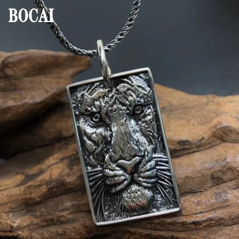 BOCAI New 2022 Pure S925 Silver Jewelry DomineeringTiger Square Card Retro Punk Good Luck Man Pendant In The Year Of The Tige