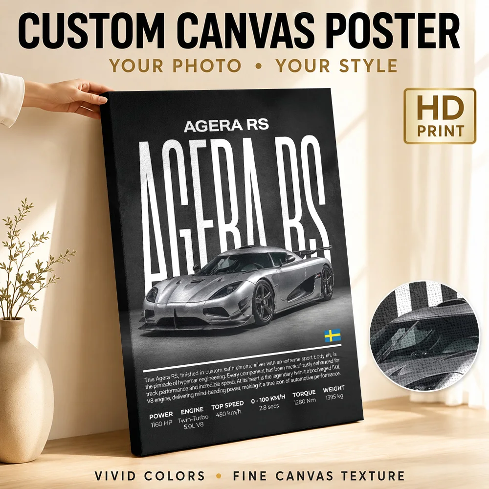 Sleek Swedish Agera RS Hypercar Canvas Painting Poster Personalized Photo Modern Aesthetic Wall Art Man Cave Decor Driver Gift