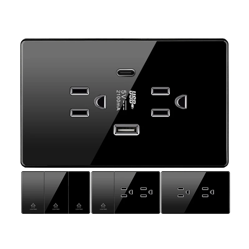 

ELEGAN Thailand American Standard Dual USB Wall Socket Computer socket Type-c 20W 5V Fast Charging Tempered Glass Pane Black