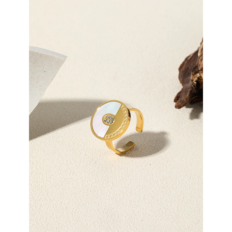 YACHAN 18K Gold Plated Geometric Stainless Steel Rings for Women Shell Malachite Trendy Zircon Luxury Jewelry