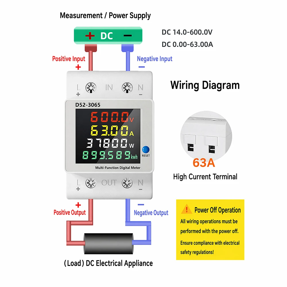 DC 14-600V 63A Voltmeter Amperemeter Watt Kwh Energie-Leistungsmesser D52-3065 DIN-Schienen-Energiemesser Stromverbrauchsmessgerät – Detail 8