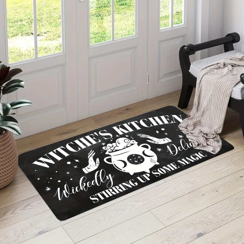 Newest Witch's Kitchen Cauldron Magic Hand Star Print Black Doormat Non Slip Kitchen Entrance Floor Mat Halloween Home Decor