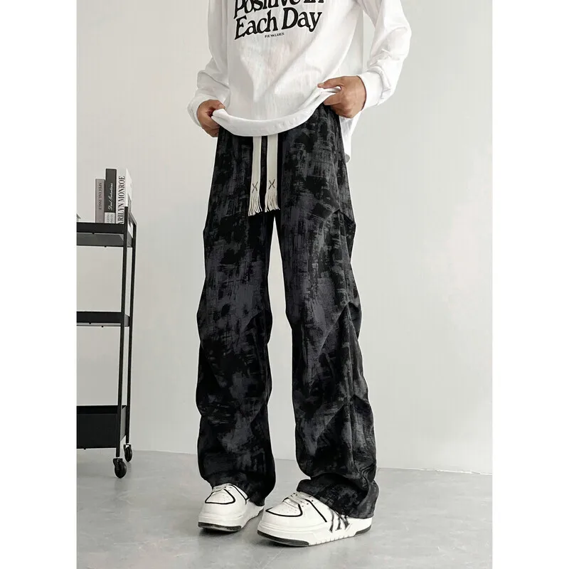 Beige Casual Pants Men Fashion Retro Straight Pants Men Streetwear Hip-hop Loose Tie Dye Pants Mens Vintage Trousers M-3XL