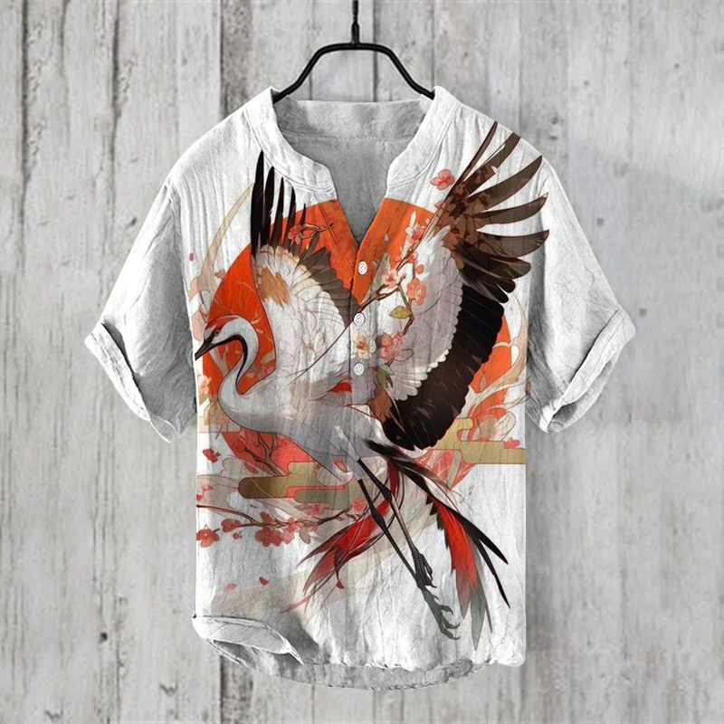 

New trend printed V-neck short-sleeved shirt foreign trade fashion casual loose T-shirt shirt bamboo linen shirt new polo top sh