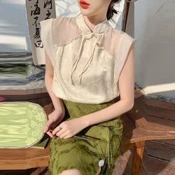 Women Stylish Chinese Style Vintage Elegant Blouses 2024 Summer Stand Collar Sleeveless Shirts Sexy Sheer Patchwork Loose Tops