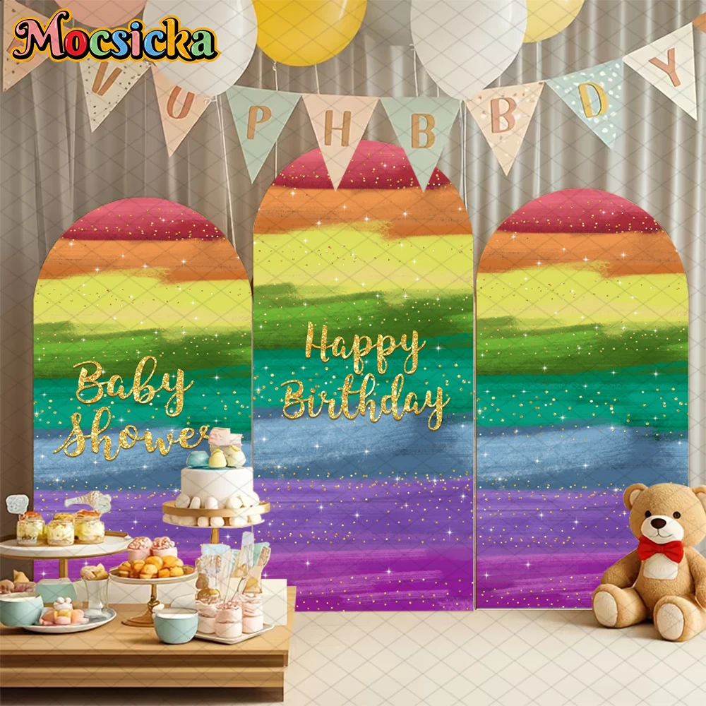 

Mocsicka Happy Birthday Arch Cover Background Baby Shower Photo Arched Backdrop Rainbow Colored Art Painting Pattern Decor Props