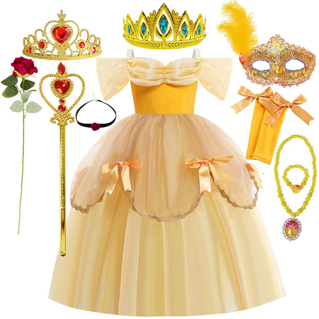 

2025 Disney Belle Luxury Cute Yellow Sleeveless Autumn and Winter Warm Princess Dress Girl Cosplay Belle Princess Dress Set