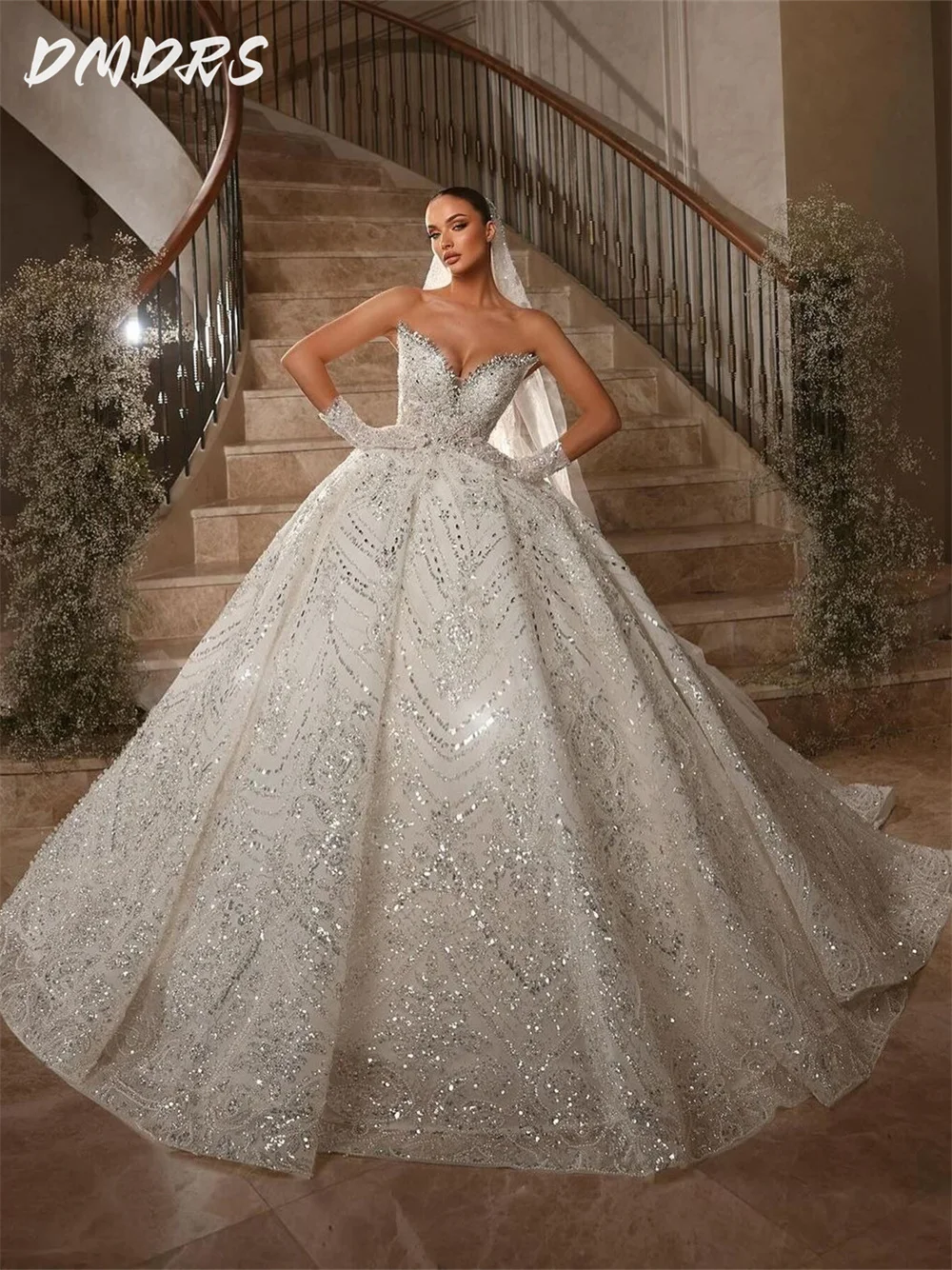 Luxurious Strapless Wedding Dress 2025 Shiny Beaded Bridal Gown Elegant Solemn Strapless Classic Ball Gown Vestidos De Novia