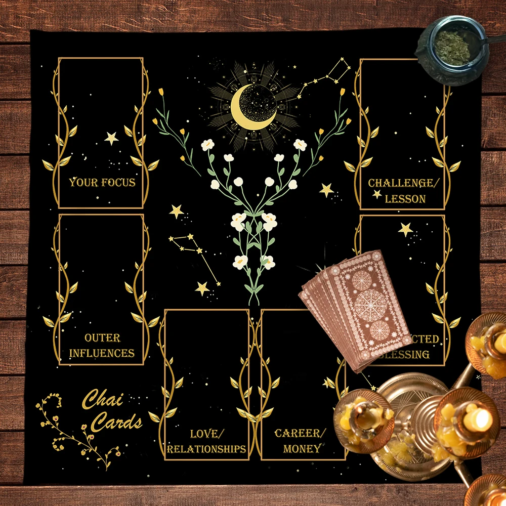 Altar Cloth Moon Starry Sky Vibrant Floral Divination Tablecloth Golden Celtic Cross Tarot Table Cloth For Tarot Mat Witchy
