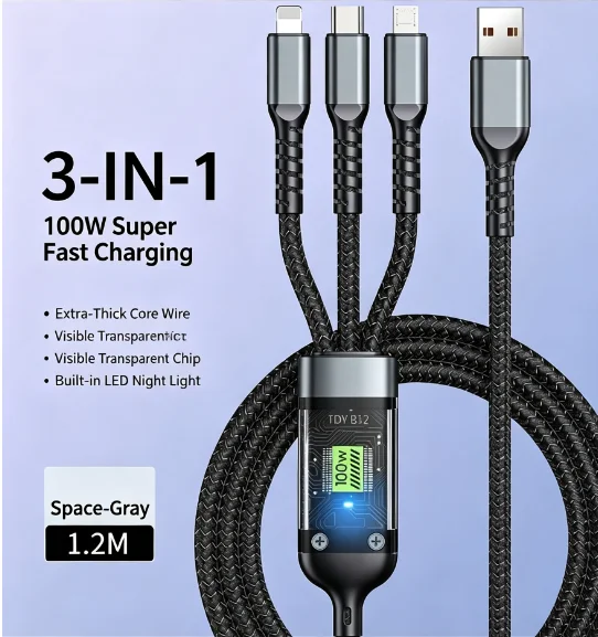 Transparent Luminous 3-in-1 100W Fast Charging Cable, Multifunctional USB Type C Charger Cord for Android Smartphones