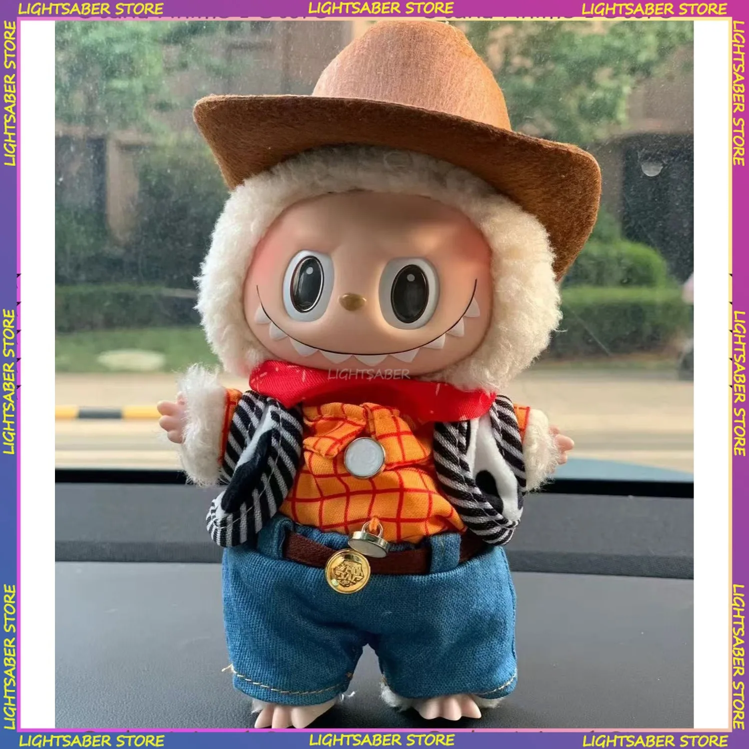 الكرتون كاوبوي Labubu 3.0 الملابس قبعات رعاة البقر الغربية الزي مع عشر جالون قبعة صغيرة أفخم دمية الملابس موضة إكسسوارات دمي هدية