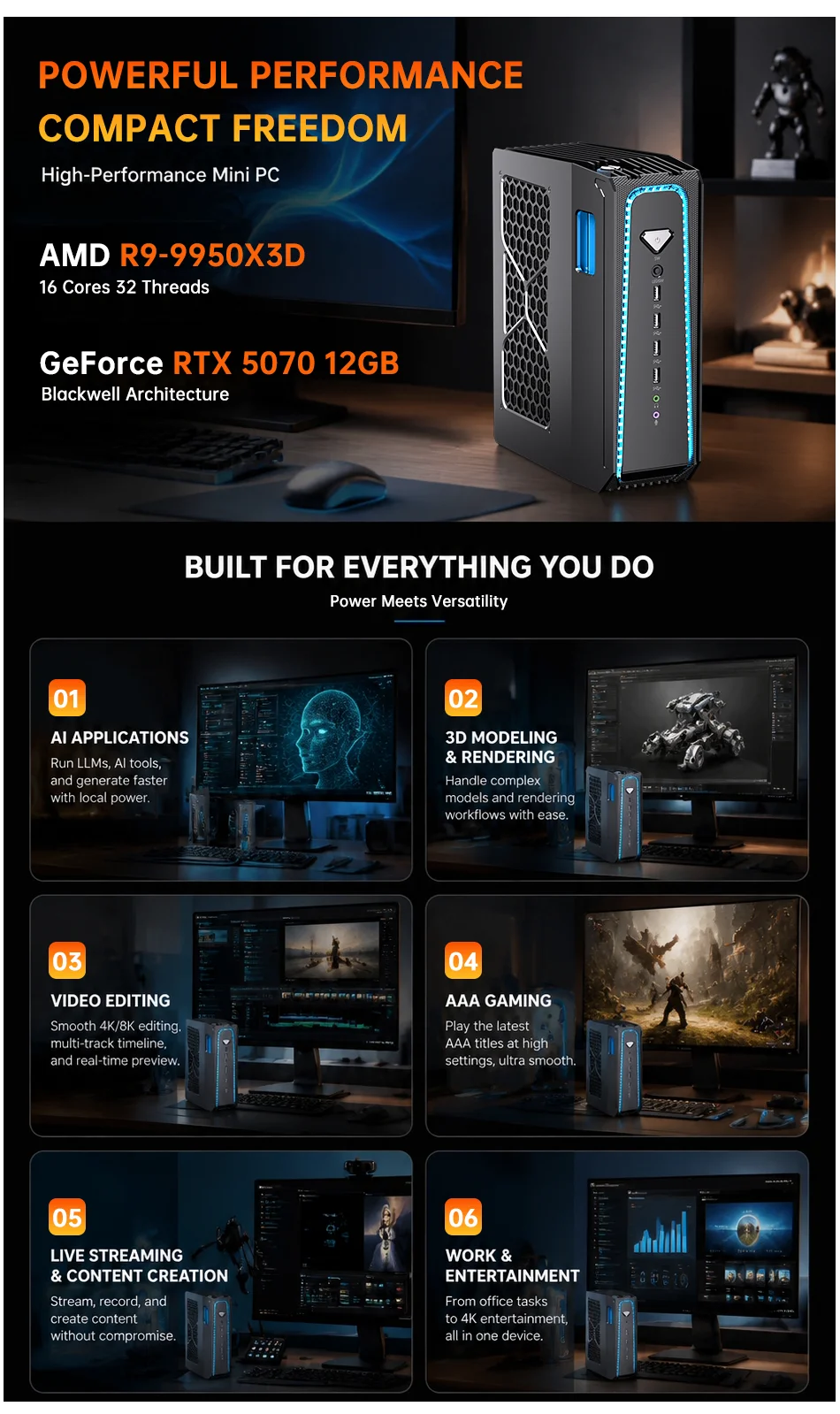 MSECORE Liquid Cooling Gaming PC AMD Ryzen 9 9950X3D RTX5070 Discrete Graphics DDR5 Dual M.2 NVMe SSD WiFi6E BT5.3 2.5G LAN 8K