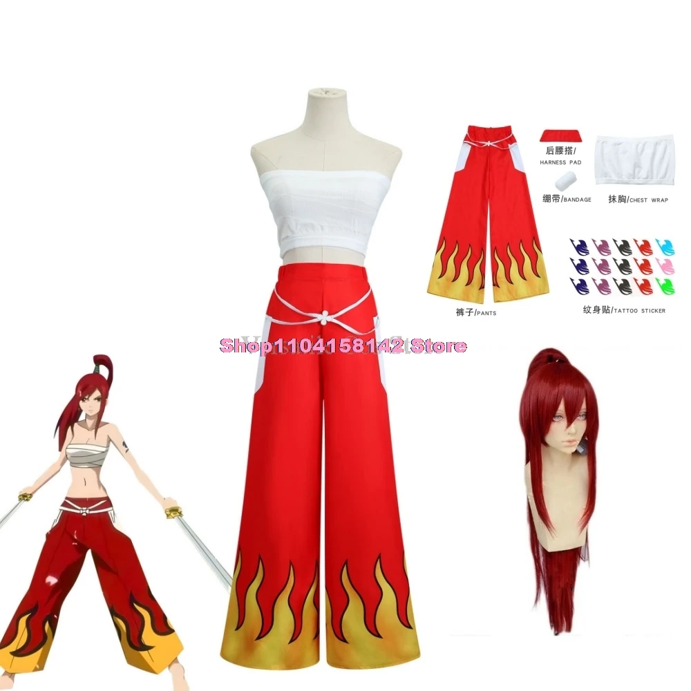 Anime Cosplay Women Japanese Anime Role Erza Scarlet Costume Pants White Tube Tops Red Cool Set Dark Blue Tail Tattoo Sticker