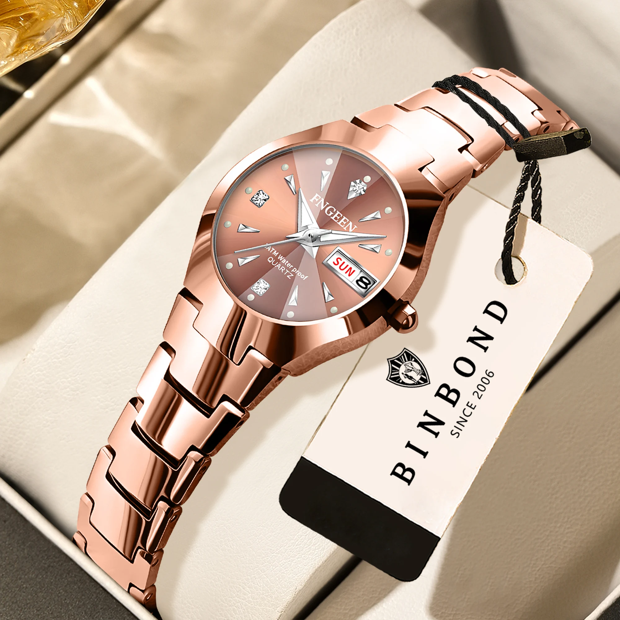 BINBOND Luxury Quartz Watches For Couple Luminous Waterproof Week Display Auto Date Stainless Steel Watch Casual Reloj