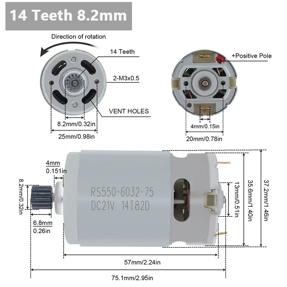 RS550 DC Motor 14 Teeth 8.2mm / 9.2 mm Gear for Mini Chain Saw Electric Motor Engine Drill Rechargeable Power Tool Accessories