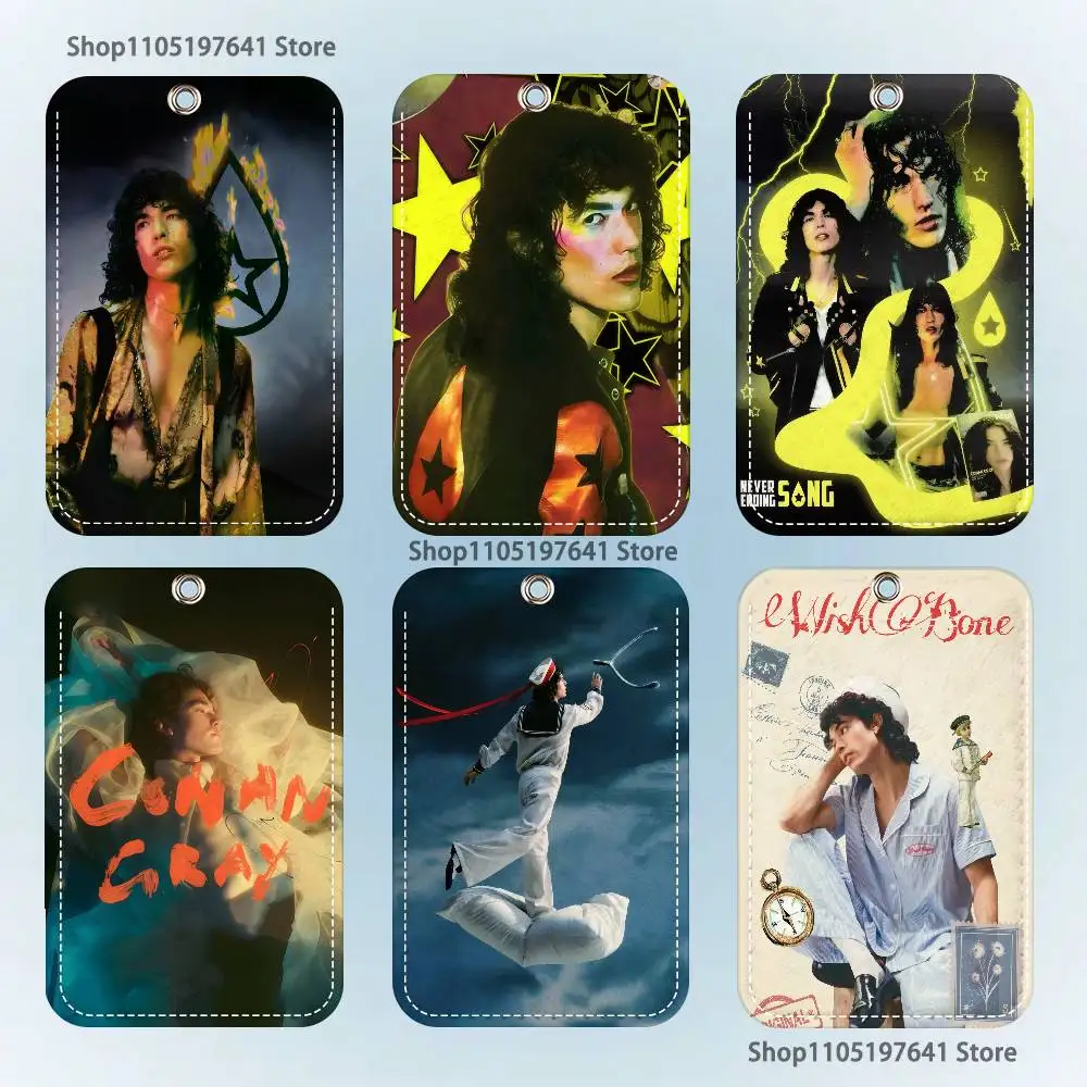 

C-Conan Gray Wishbone Pattern 1Pc PU Leather Card Holder Keychain Key Ring Door Lock Access Tags ID Card Case Keychain Card