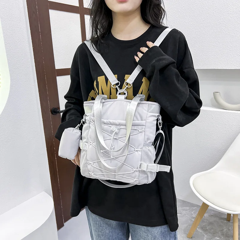 Women's Shoulder Bag Fashion Commuter Nylon Multi-function Backpack Drawstring Zipper Solid Color Handbag Personality All-match