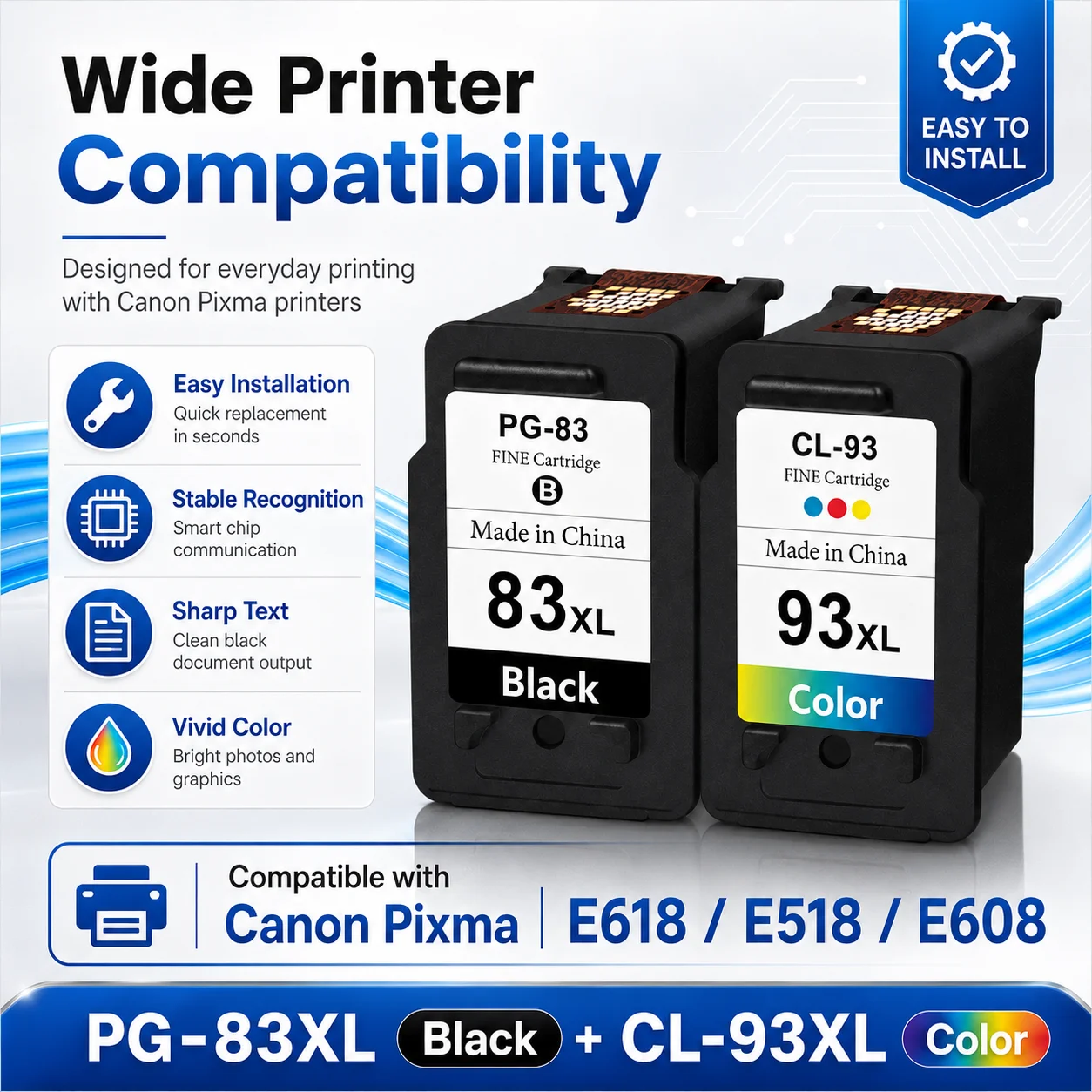 PG-83XL CL-93XL Ink Cartridge High Yield Black Color Combo Compatible for Canon Pixma E618 E518 E608 Printer