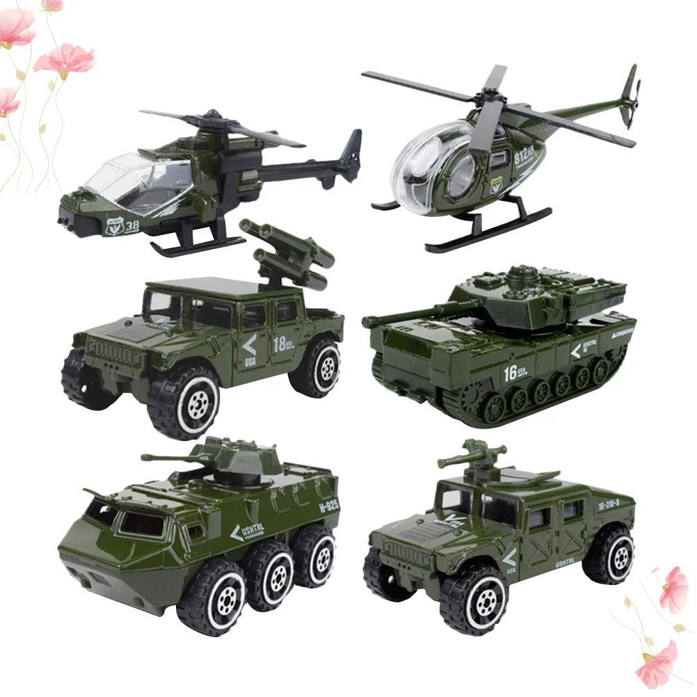 

6pcs 1:87 Alloy Sliding Car Model Set Alloy Vehicle Mini Diecast Car Toys Set Helicopter Tank Car for Kids Boys