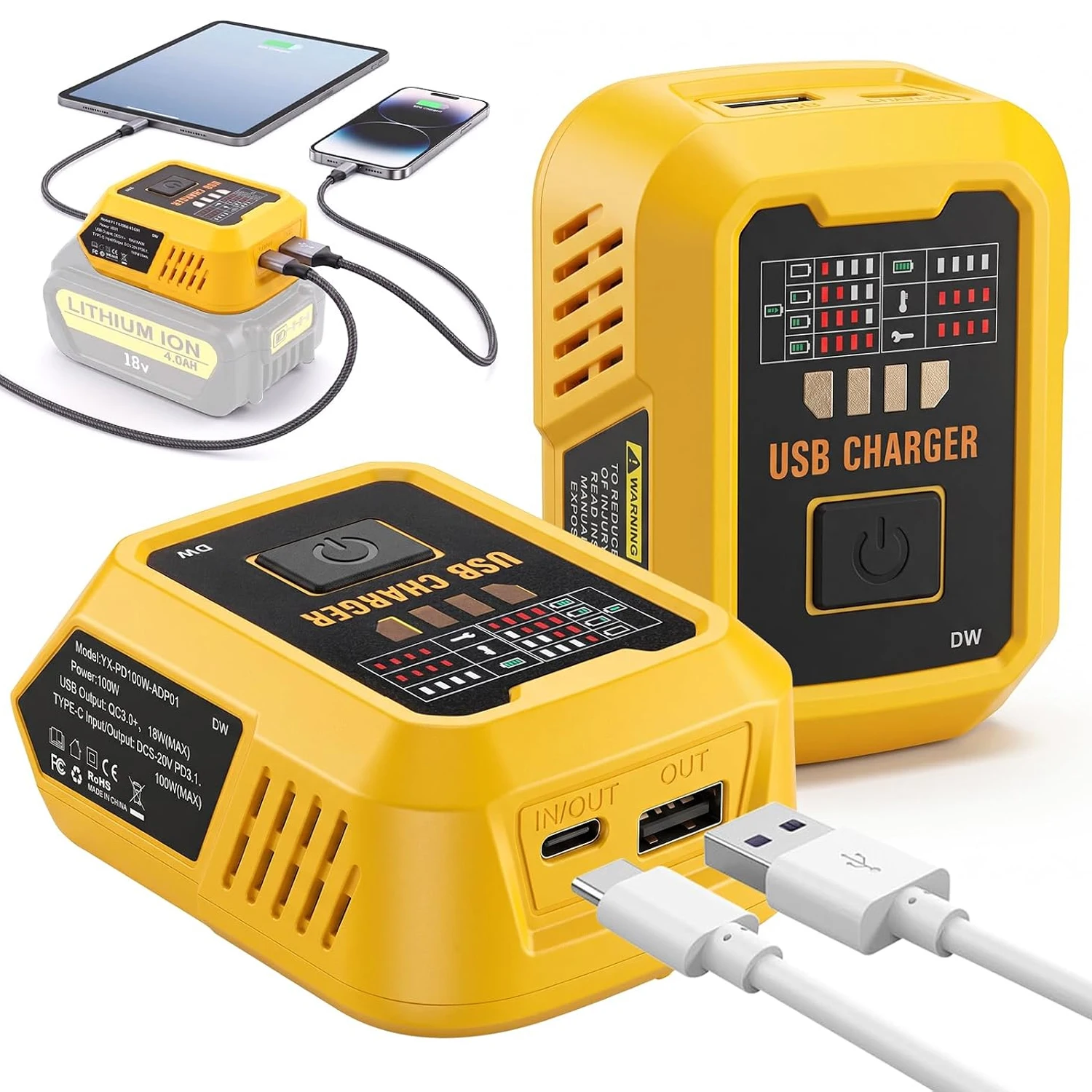 100W USB‑C Battery Charger Compatible with DW 20V Battery, USB‑A Port Power Adapter, Charging Hub for Phones Tablets(Tool Only)