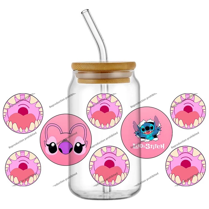 

Miniso Stitch Bow Love Design УФ DTF переводная наклейка водонепроницаемые переводные наклейки для стеклянных чашек 16 унций наклейки