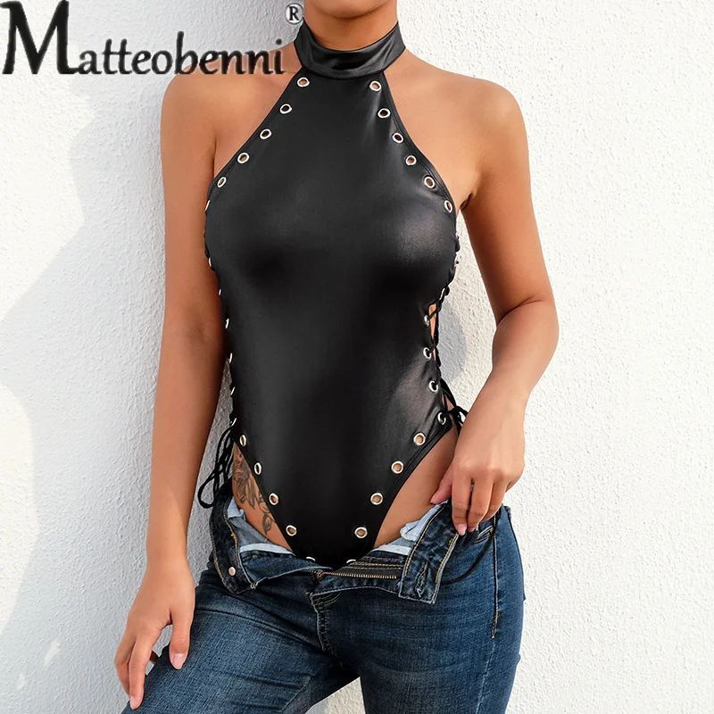 

Sexy PU Leather Tight Button Splicing Bodysuit Ladies Solid Color Lace-up Tops Fashion Street Trend Backless Women's Clothing 23