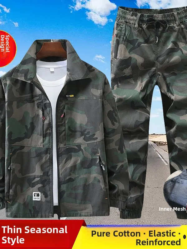 

Pure Cotton Summer Thin Workwear Men's Clothing Set W Anti-Scald Wear Resistant Camouflage Suit Breathable Work orm