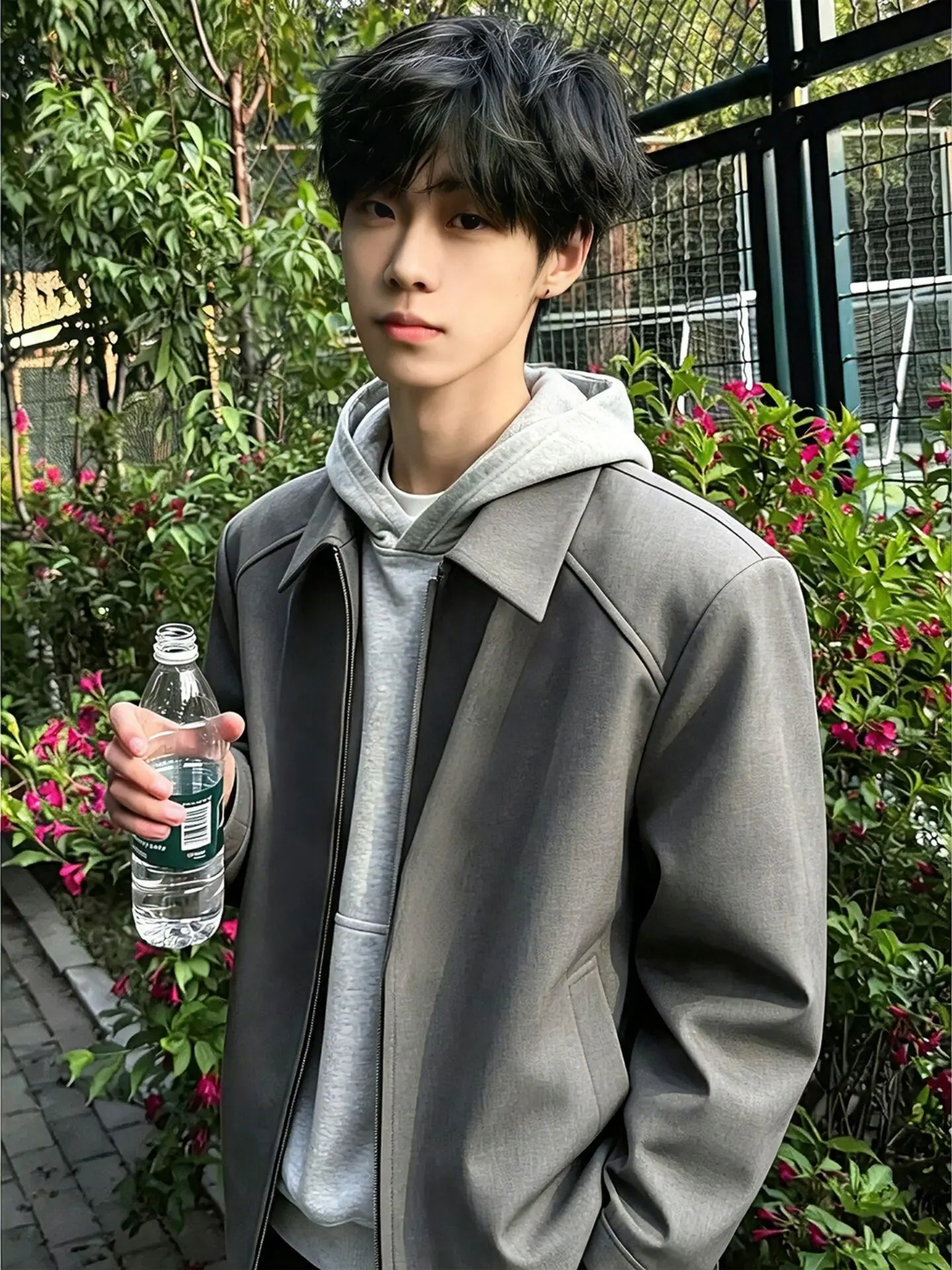 Cleanfit Dark Grey Padded Shoulder Jacket Short Style for Men Casual Flip Collar Workwear Trendy Youth Autumn Zipper up Outer...