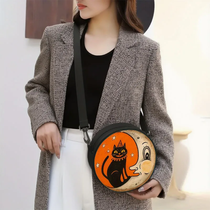 Halloween Cat Moon Orange White Round Shoulder Bag Casual Messenger Bag Daily Adjustable Strap Crossbody Bag for Woman