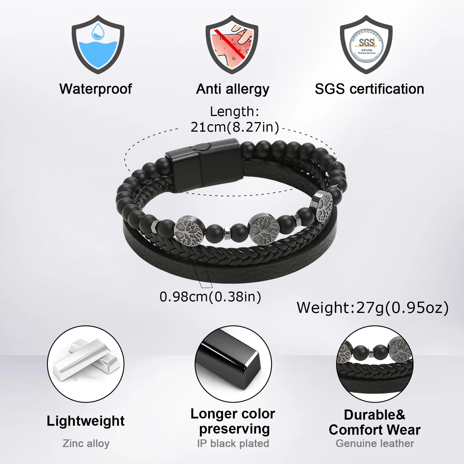 Vnox Herren Mehrschichtiges Lederarmband, Nordisches Wikinger-Kompass-Lebensbaum-Fußball-Perlenarmband, Schmuckgeschenk mit Magnetverschluss – Detail 4