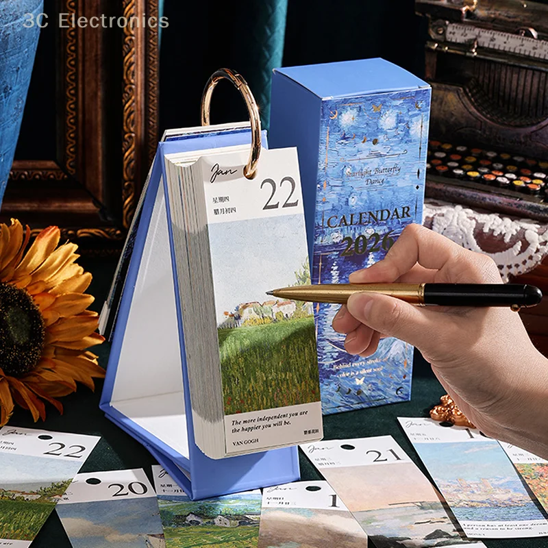 

1PC 2026 Desk Calendar Vintage Oil Painting Inspirational Quotes One-Way Page Turn Daily Planner Printing Product Calendar