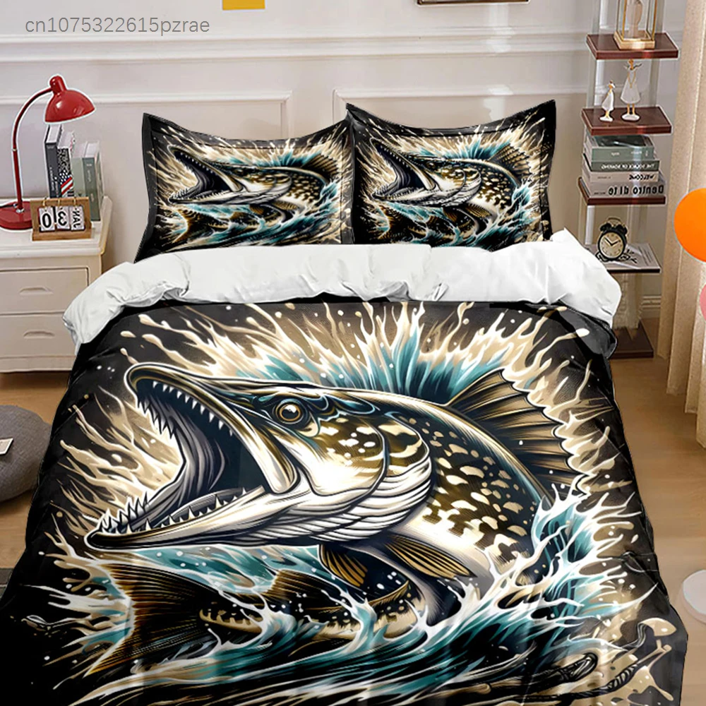 Pike Fishing Art Set Wall Decor Multiple Sizes kid's And adults' Bedroom Exquisite 3PC Bedding set, Gift