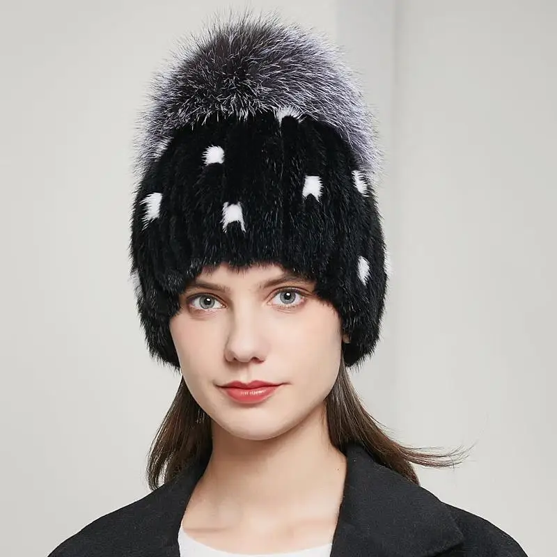 

JKP Real Mink Fur Hat Women High Quality Thick Warm Winter Cap Casual Fashion Knitted Hat Hair Bulb Beanie