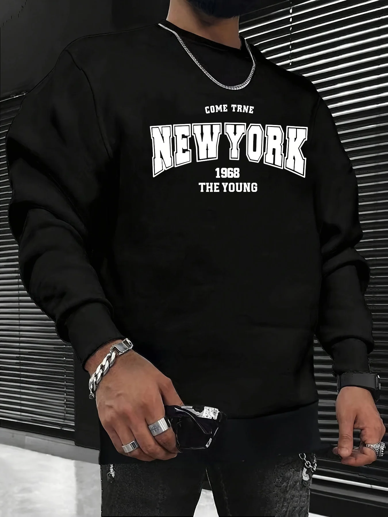 Men Crew Neck Sweatshirt NEW YORK 1968 Letter Print Long Sleeve Pullover Loose Vintage Casual Streetwear Male Daily Tops