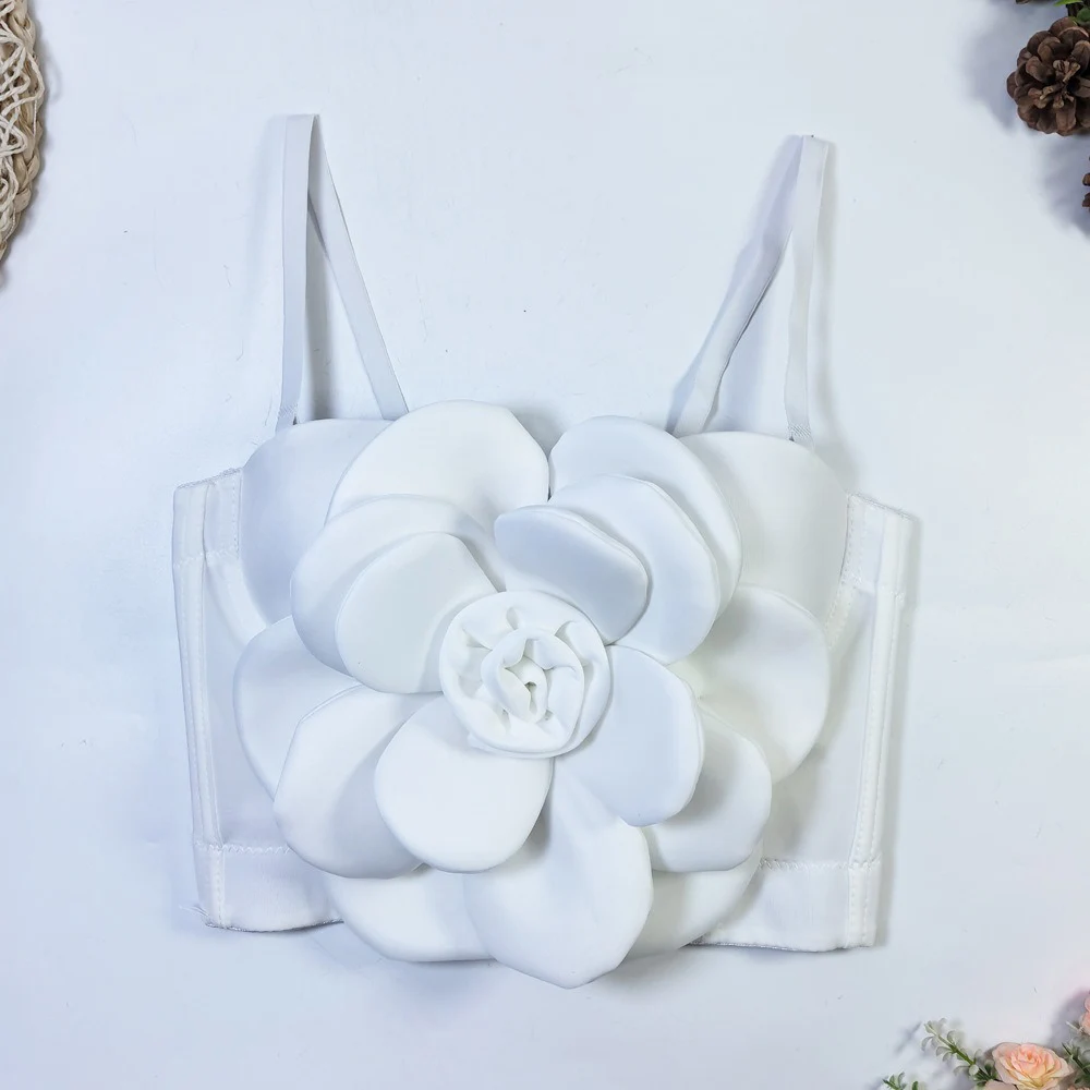 IRENE TINNIE 2024 Y2K 3D White Black Flower Camisole Push Up Bustier Bra Female Nightclub Party Short Tank Top Cropped Top