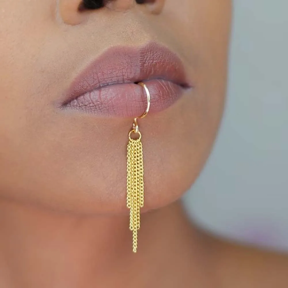 

Stonefans Tassel Lip Cuff for Women Faux Piercing Chain Metal Festival Outfit Fashion 2024 Club Party Body Jewelry Dress Sexy