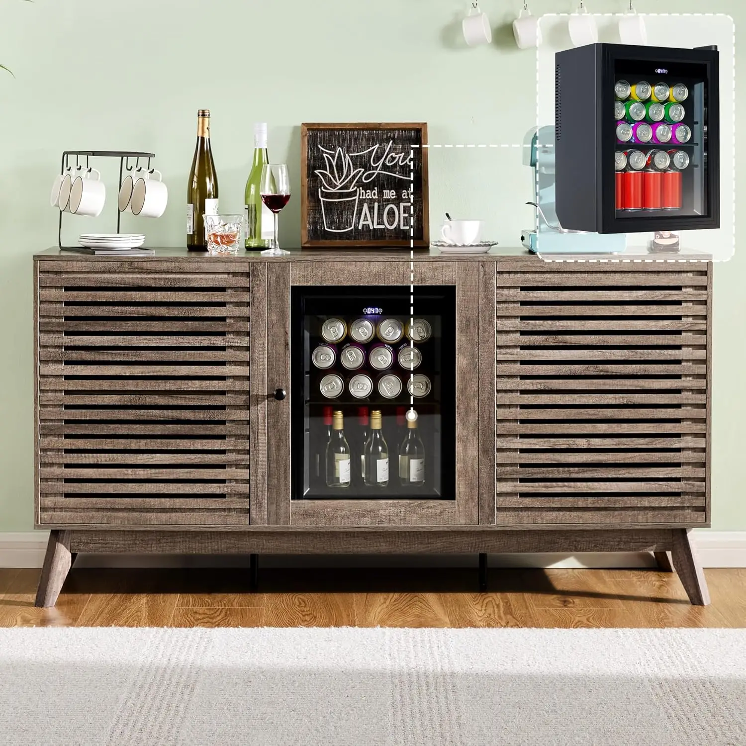 

60 Farmhouse Coffee Bar Cabinet Mini Fridge Space Wine Storage Adjustable Shelves Buffet Sideboard Home Dining Gray, Customized