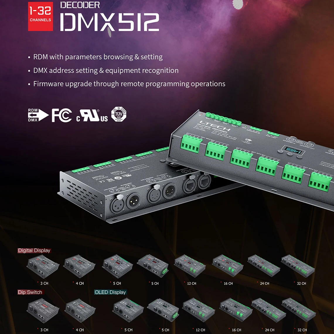 LED DMX-RDM Decoder;DC12-24V Input 1-40 Channel Output Dim/CT/RGB/RGBW/RGBCY Strip Ribbon DMX512 Controller XLR-5 RJ45 DMX Slave