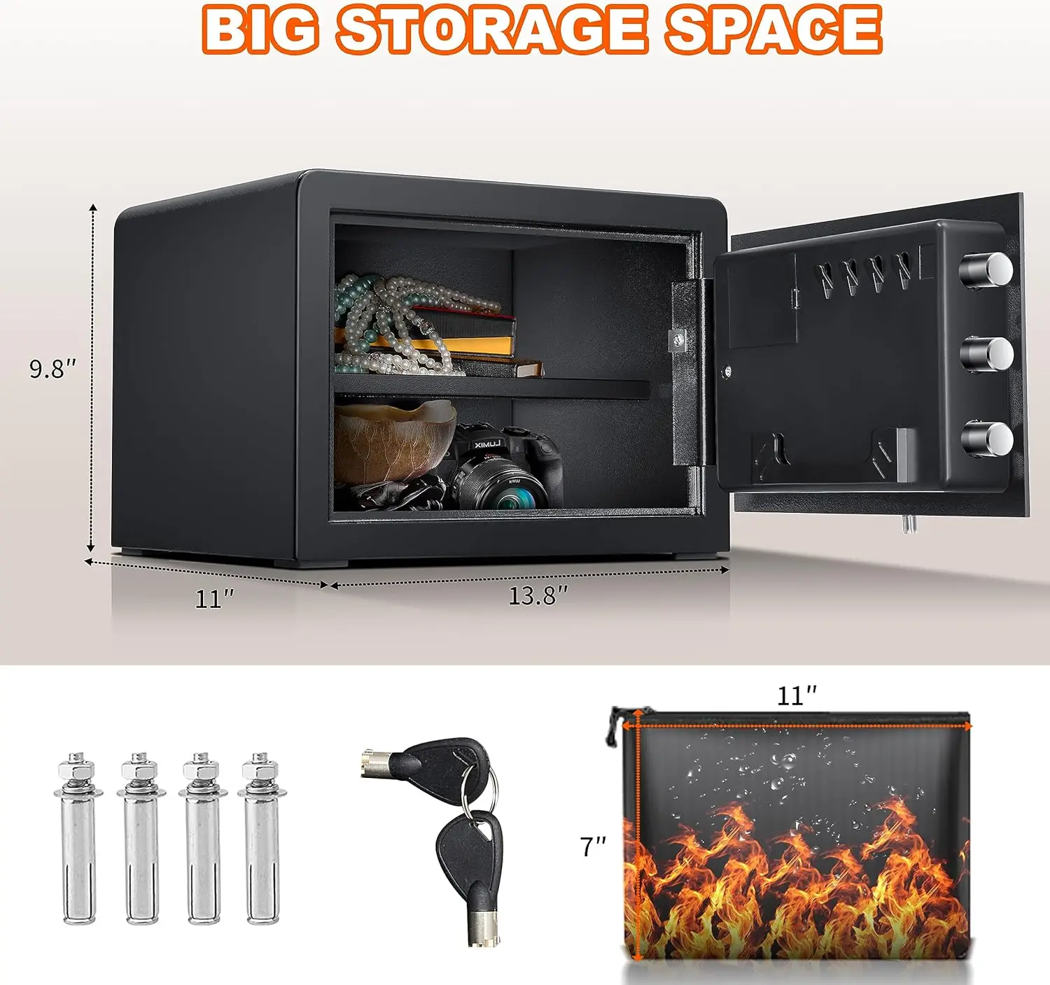 1.0 Cubic Feet Fingerprint Fireproof Home Safe With Fireproof Document Bag, Digital Security Safe With Removable Shelf Secure Ca