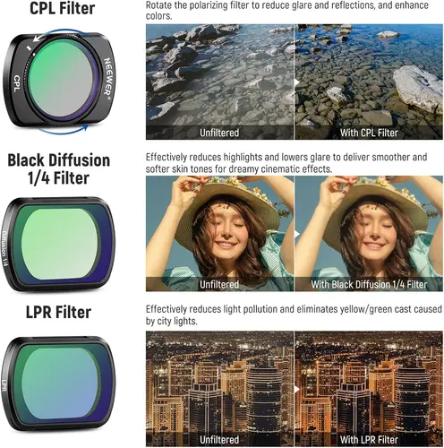 Imagen 2 del producto NEEWER Juego de filtros magnéticos ND, CPL y efecto para DJI OSMO Pocket 3, paquete de 14 CPL ND8/16/32/64/128/256/1000 ND8/PL ND16/PL ND32/PL