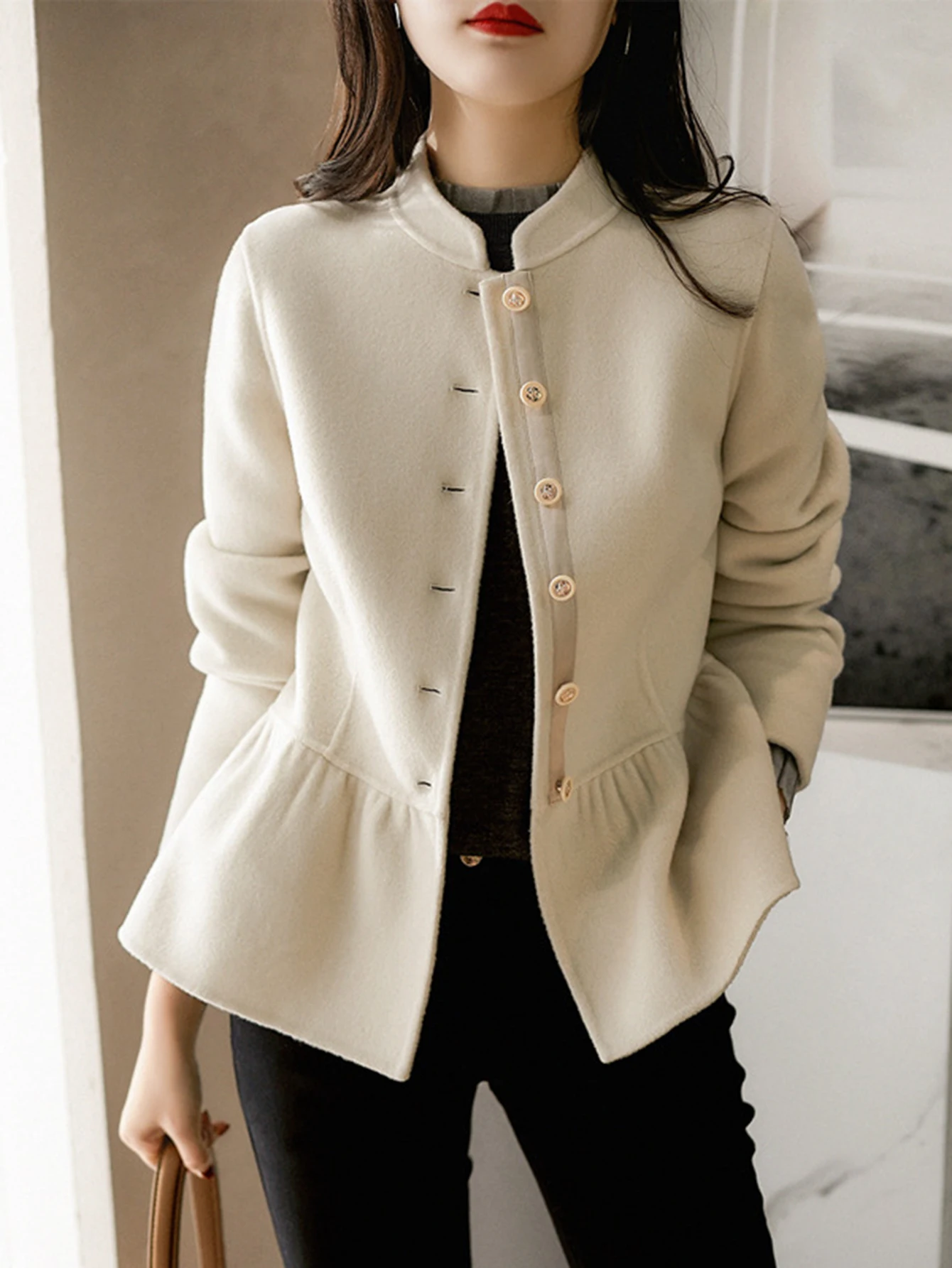 

Women's Autumn Winter Coat Solid Color Button Front Long Sleeve Stand Collar Regular Fit Casual Daily Basic