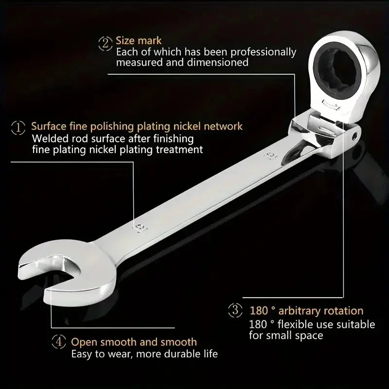 1pc 10mm Combination Ratchet Wrench With Flexible Head, Dual Purpose Ratchet Tools Ratchet Combination Kit. Automotive Hand Tool