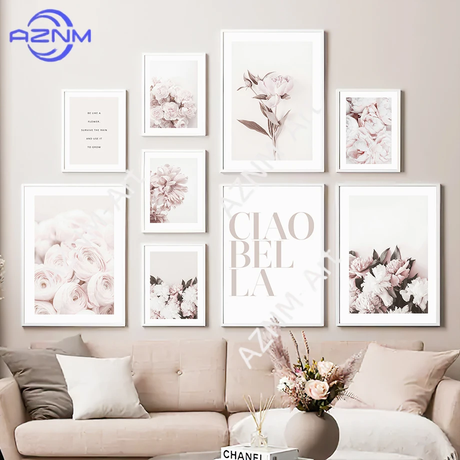 Blush Pink Floral Wall Art Prints - Minimalist Peony & Botanical Posters for Feminine Bedroom & Living Room Decor